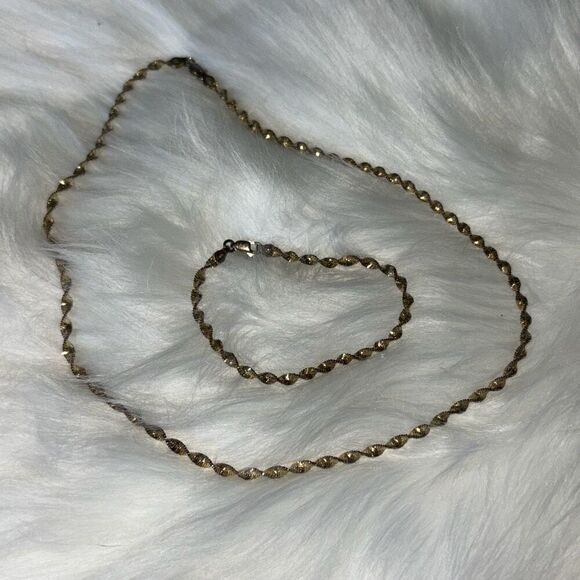 Vtg Sterling Silver Necklace Bracelet Set 925 SU Italy Twisted Chain Gold - Picture 1 of 6